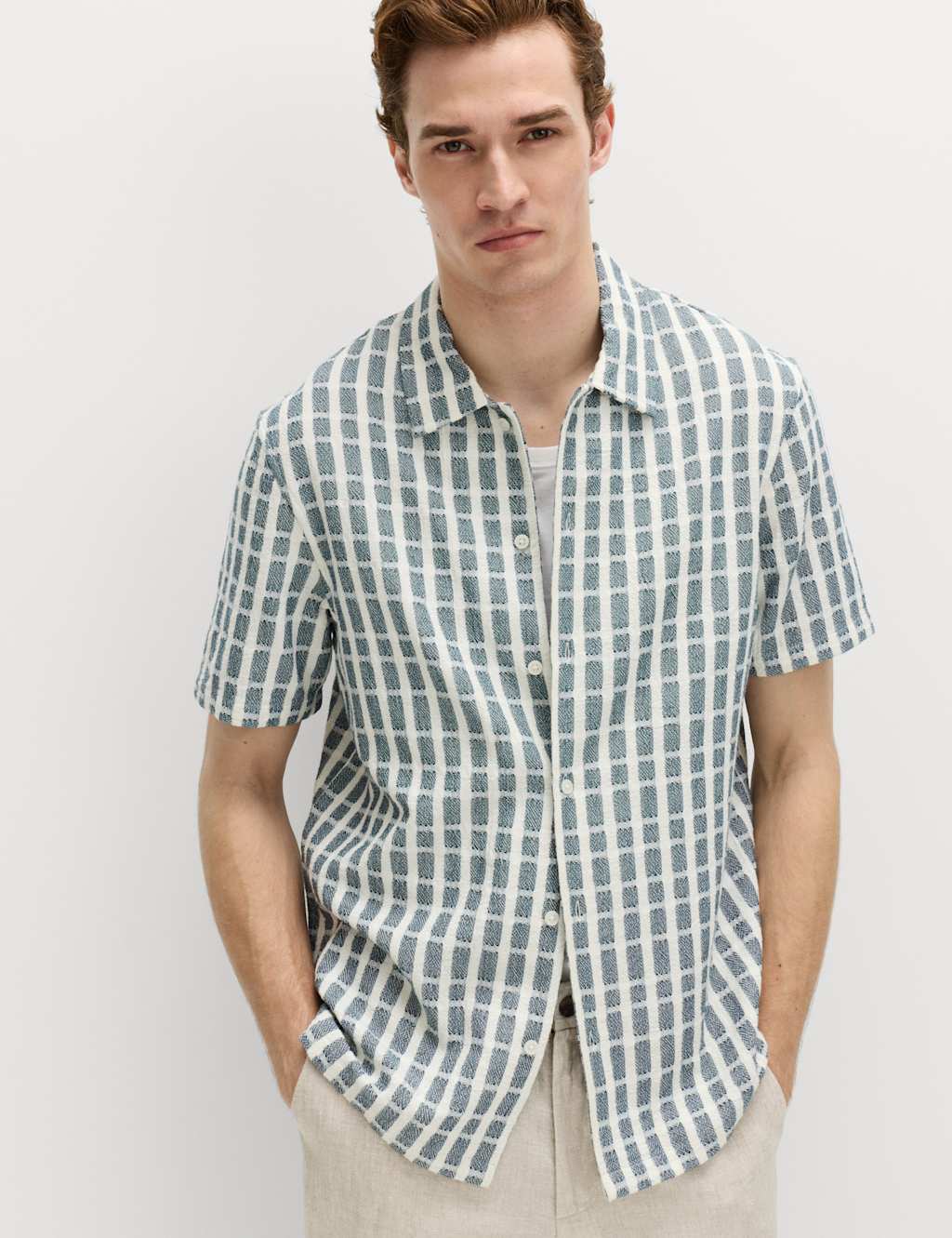 M&S Men's Regular Fit Pure Cotton Short Sleeve Shirt - M - Blue Mix
