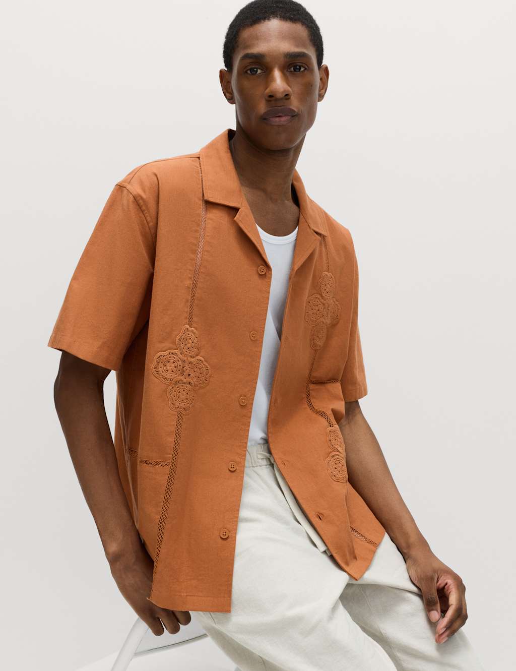 M&S Men's Cotton Rich Embroidered Short Sleeve Shirt - S - Orange
