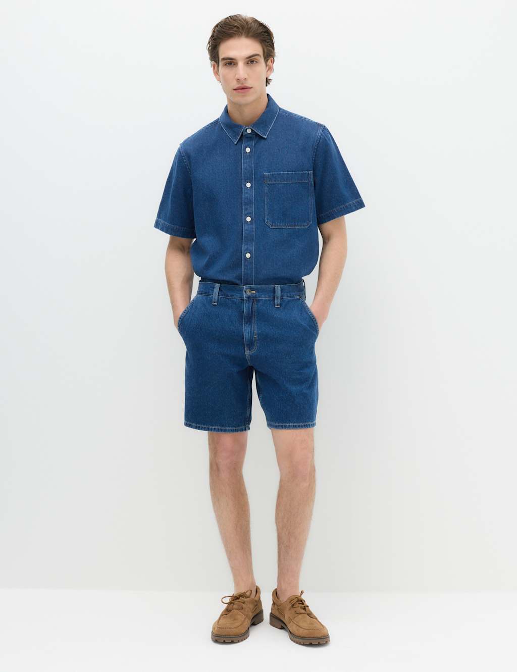 M&S Men's Pure Cotton Denim Short Sleeve Shirt - XL - Light Blue