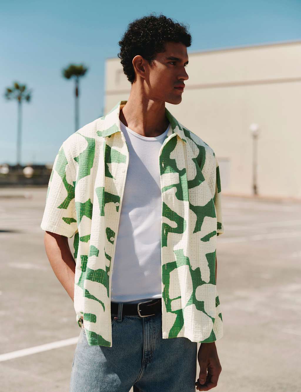 M&S Men's Cotton Rich Abstract Print Textured Shirt - L - Emerald