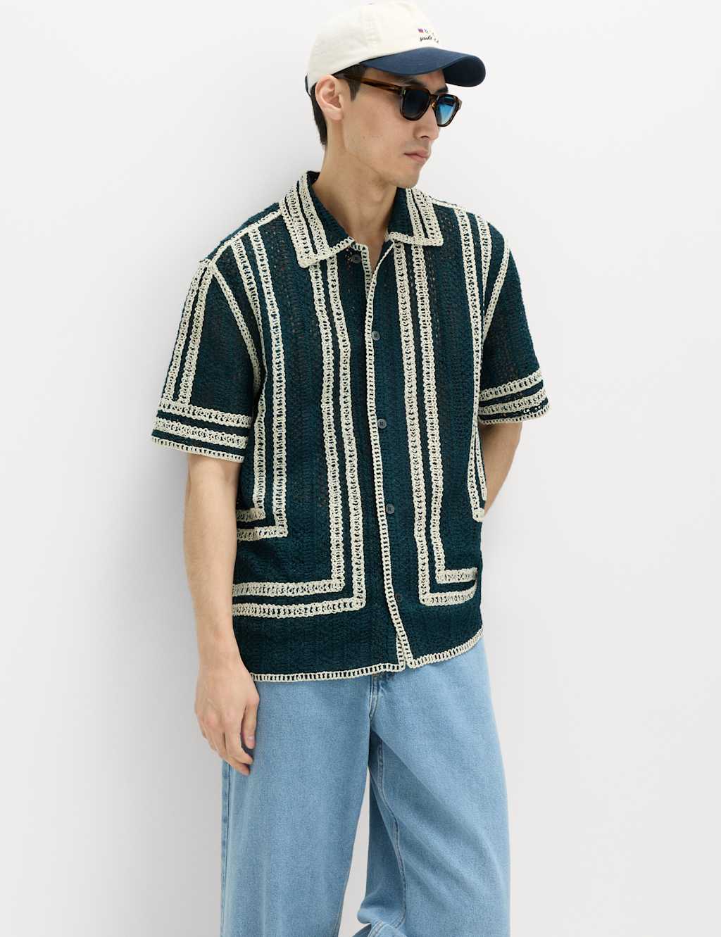 M&S Men's Relaxed Fit Knitted Short Sleeve Shirt - L - Ecru Mix