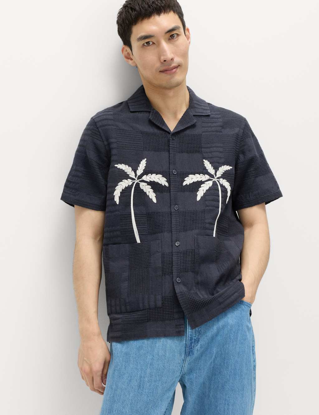 M&S Men's Regular Fit Cotton Rich Textured Shirt - M - Navy Mix
