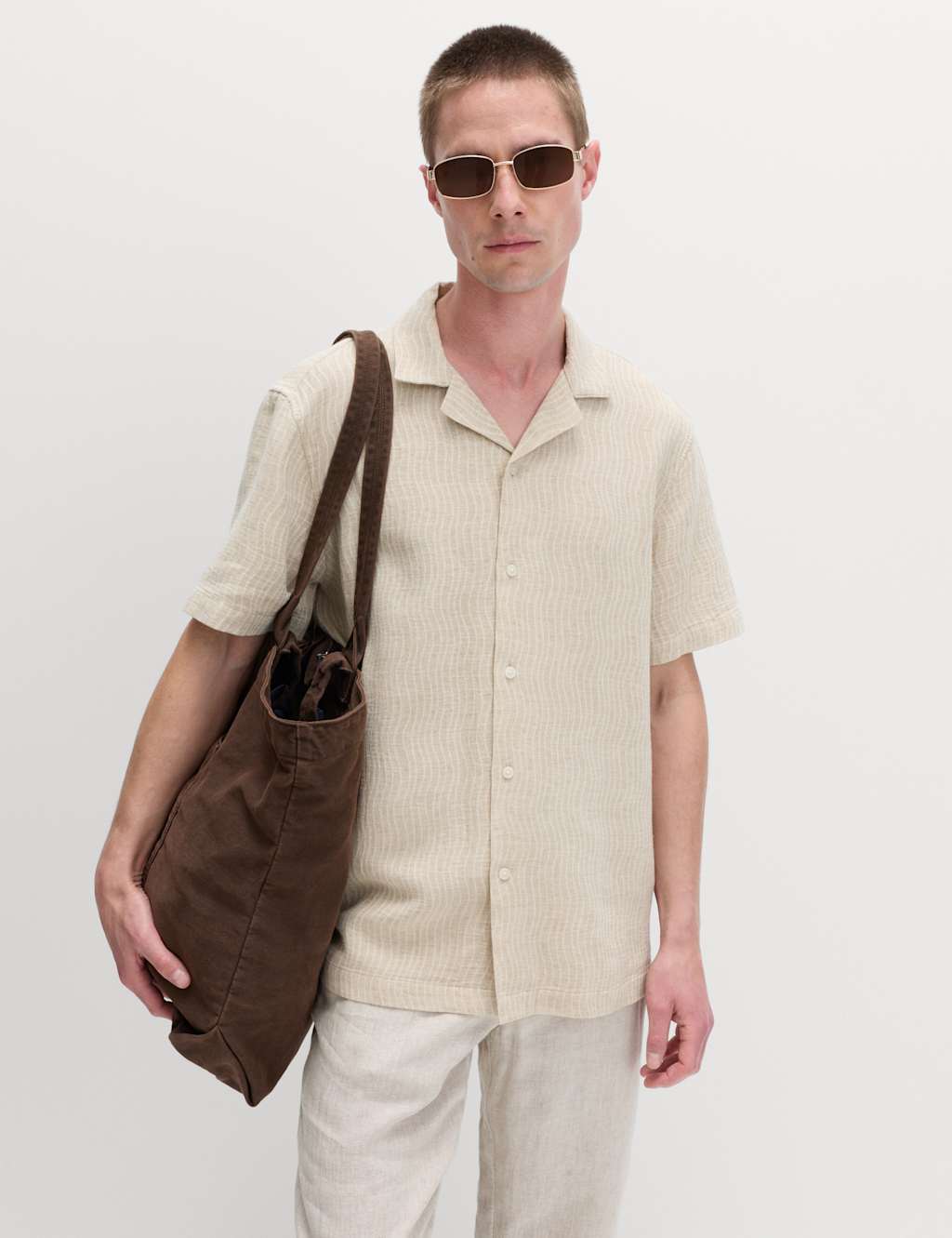 M&S Men's Cotton Rich Short Sleeve Shirt - L - Ecru Mix