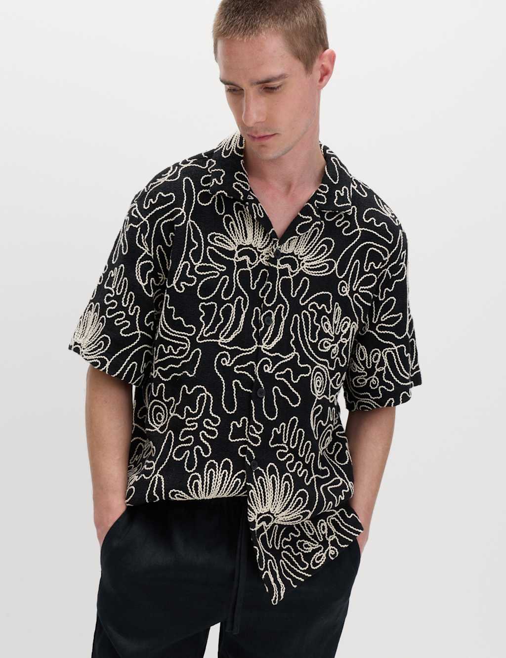 M&S Men's Cotton Blend Embroidered Short Sleeve Shirt - L - Black Mix