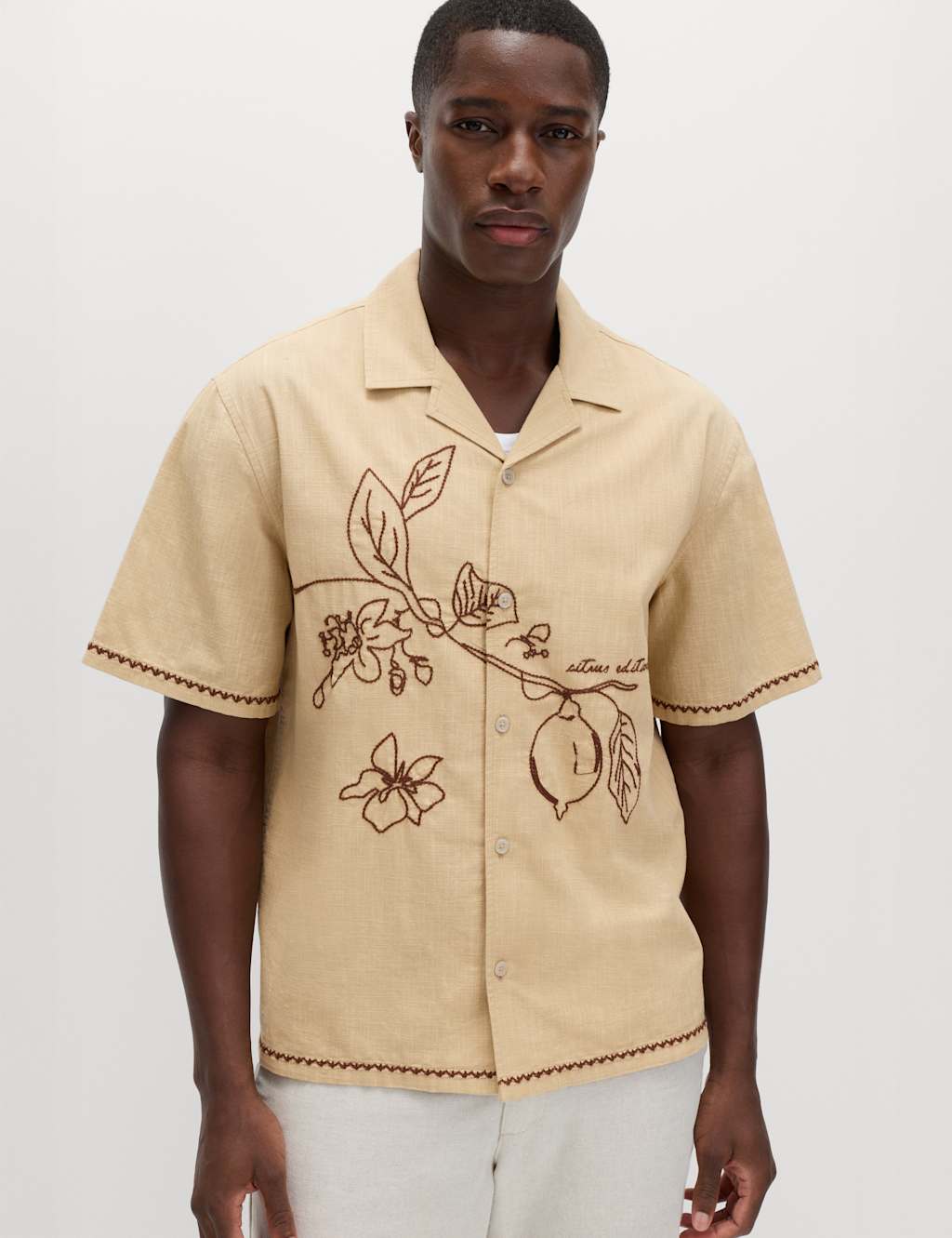 M&S Men's Pure Cotton Embroidered Short Sleeve Shirt - S - Natural Mix