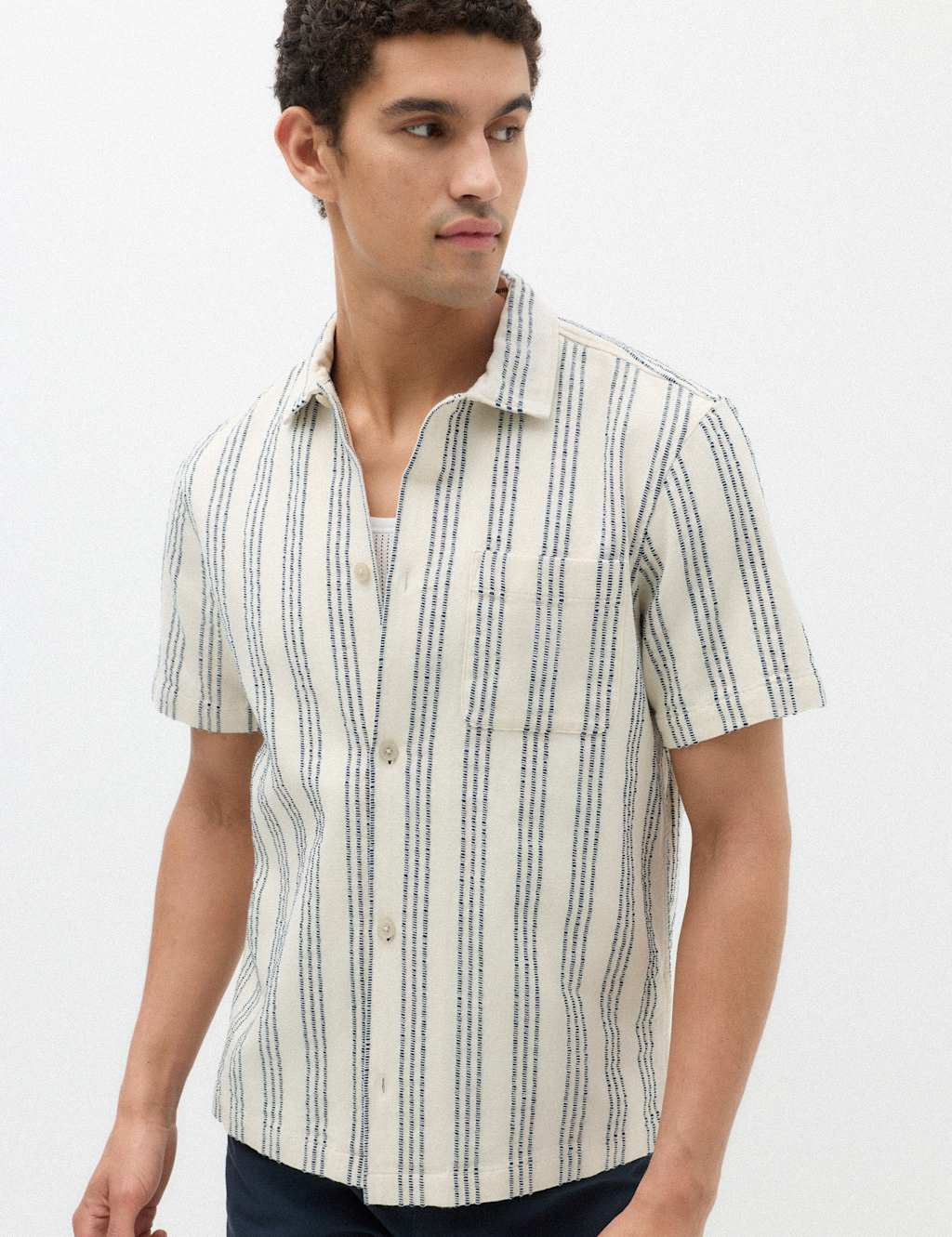 M&S Men's Pure Cotton Textured Short Sleeve Shirt - L - Natural Mix