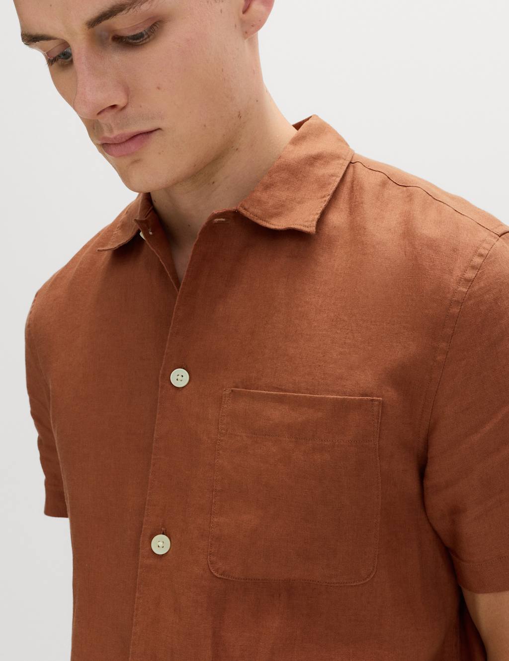 M&S Men's Pure Linen Short Sleeve Shirt - 4XL - Rust