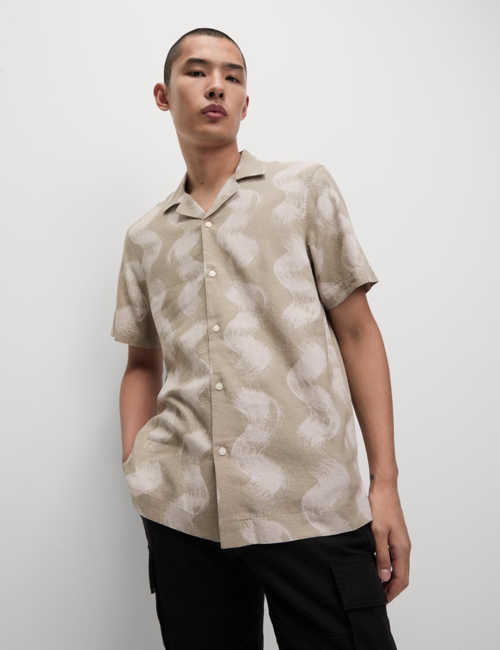 Linen Rich Cuban Collar Wave Print Shirt