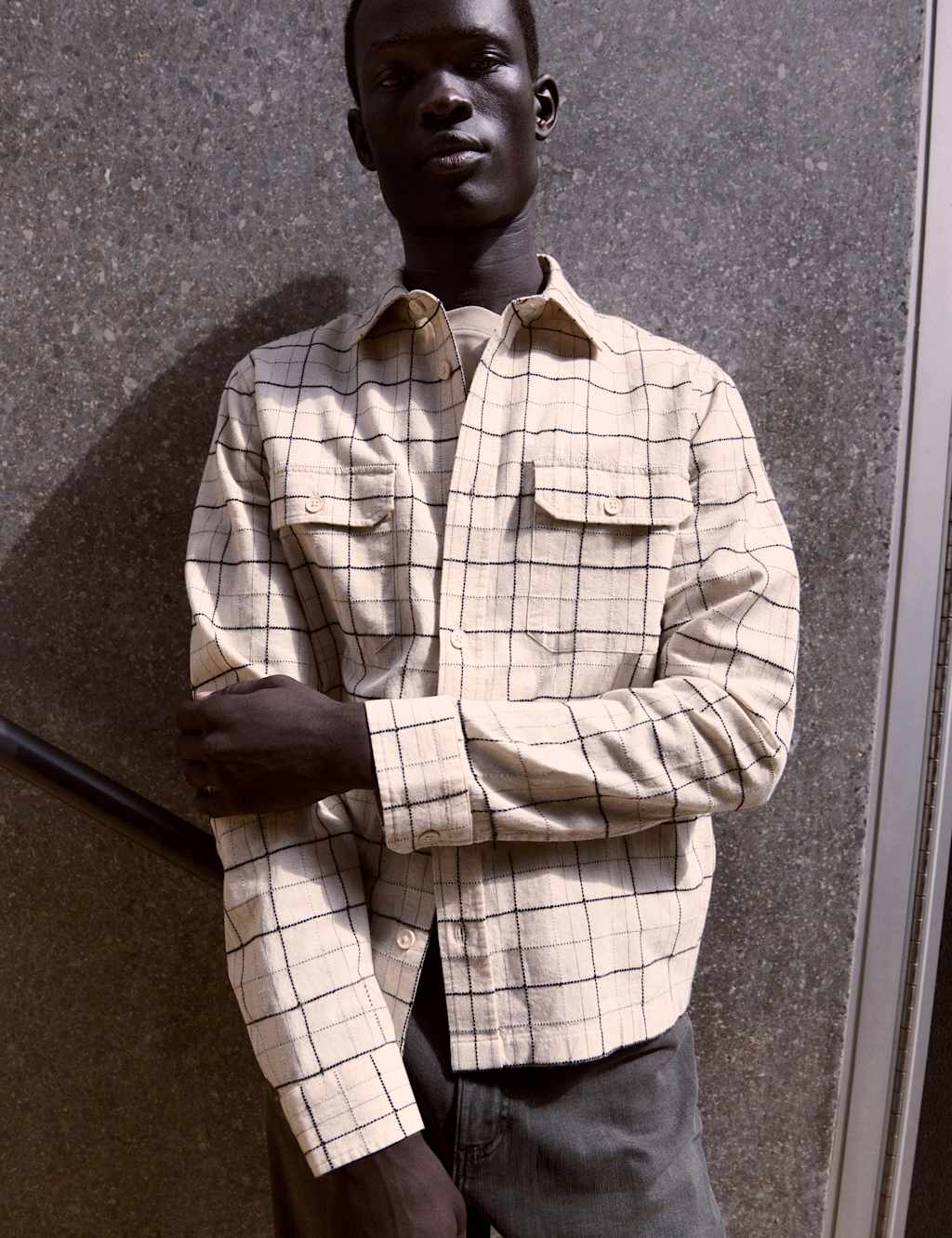 M&S Collection Men's Cotton Rich Checked Shirt - LREG - Ecru Mix, Ecru Mix