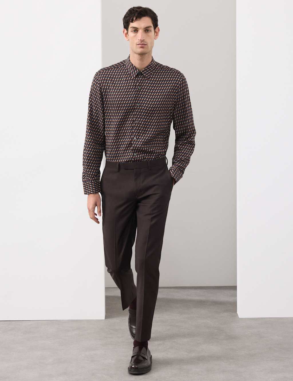 Autograph Regular Fit Geometric Print Shirt Chocolate Mix