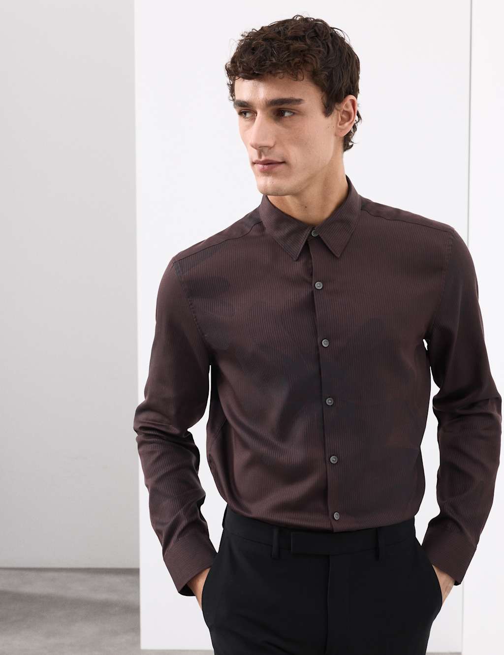 Autograph Regular Fit Floral Shirt Dark Chocolate