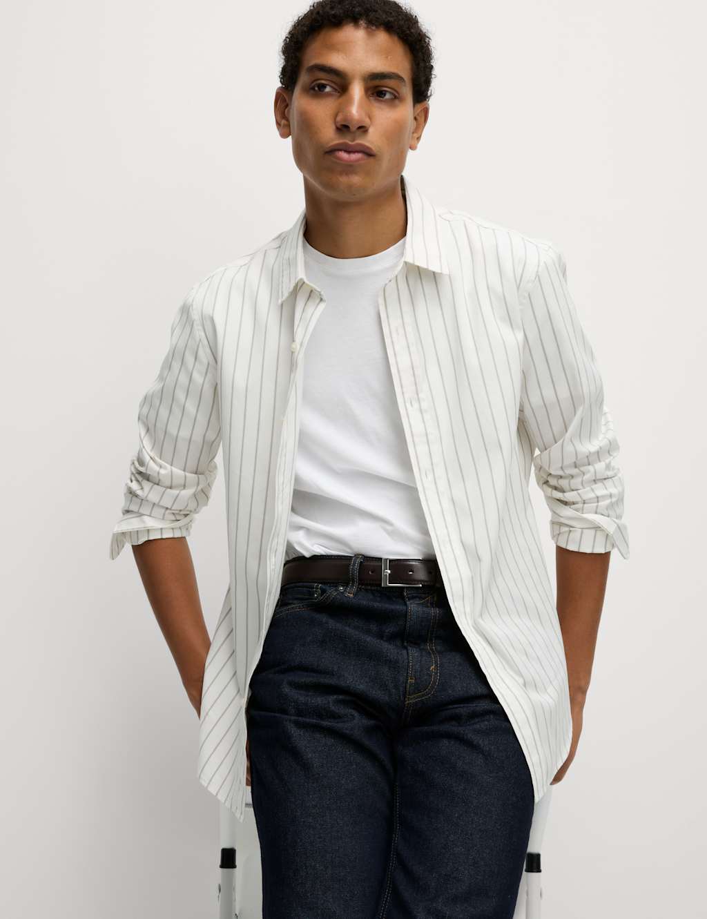 M&S Collection Men's Pure Cotton Striped Shirt - XXXXLREG - White Mix, Khaki Mix,White Mix
