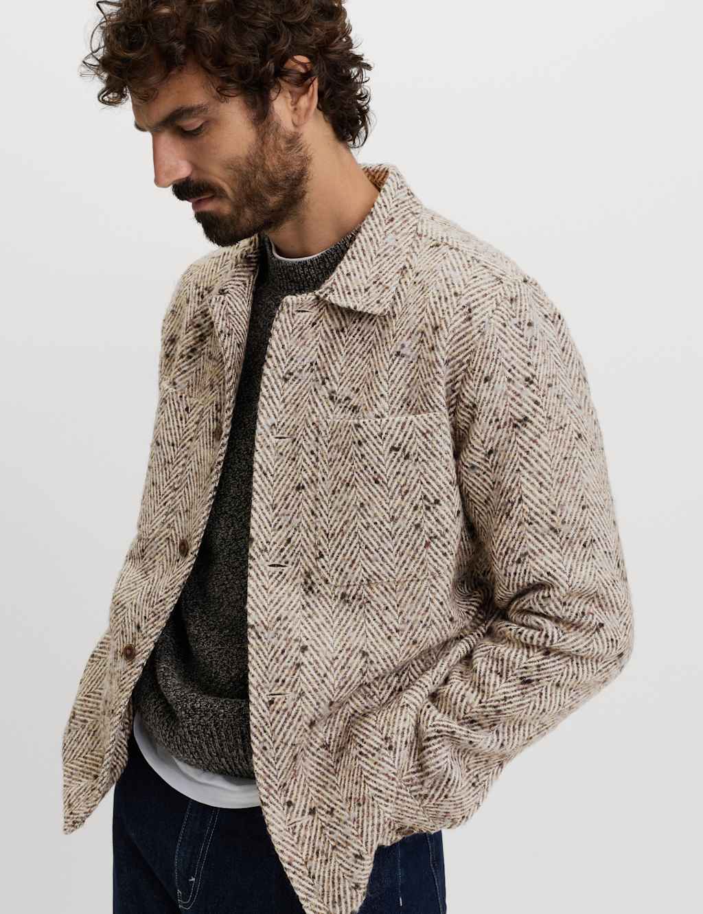 M&S Regular Fit Herringbone Overshirt Ecru Mix