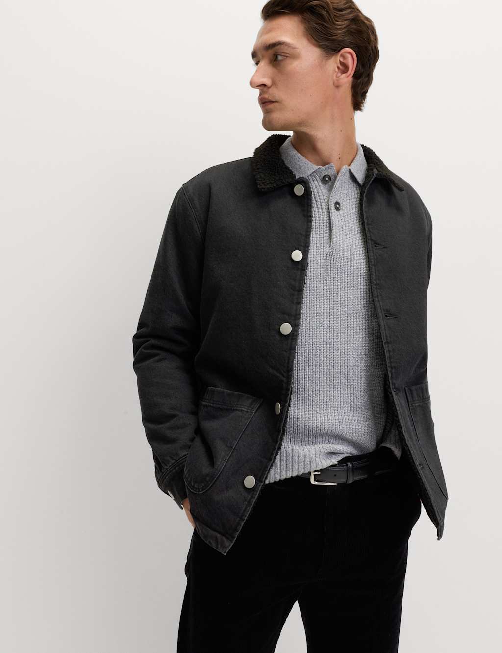 M&S Denim Borg Lined Overshirt Black Mix
