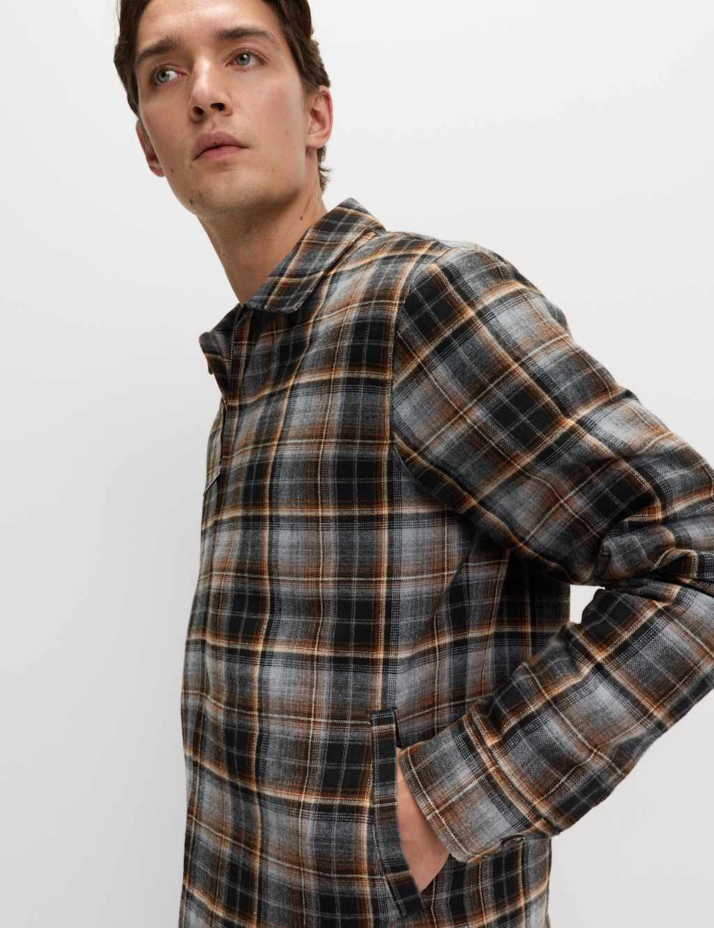 M&S Regular Fit Checked Fleece Lined Overshirt Black Mix