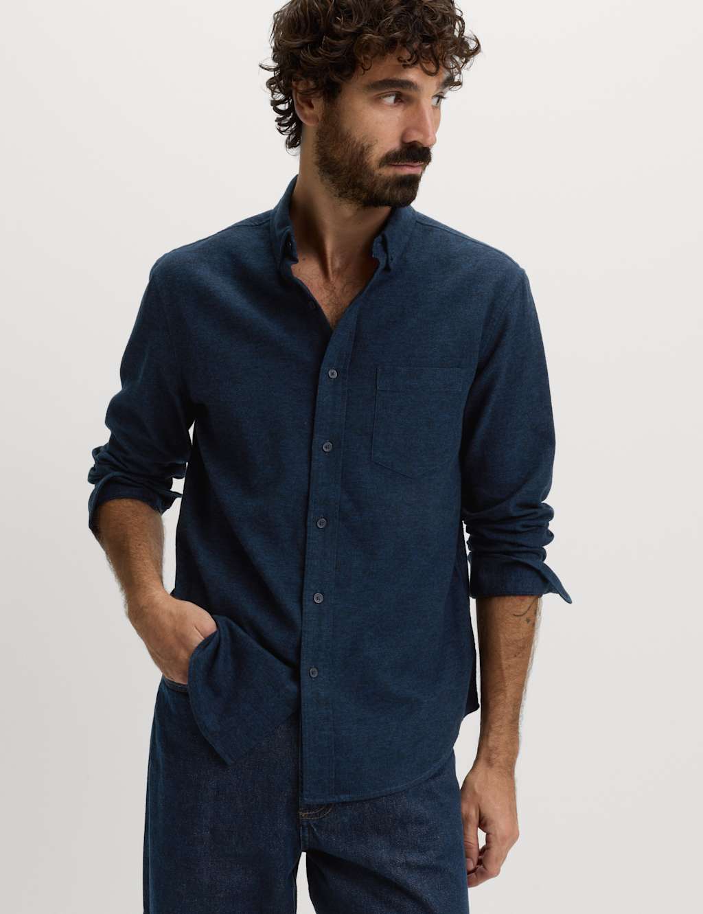 M&S Regular Fit Pure Cotton Flannel Shirt Dark Navy