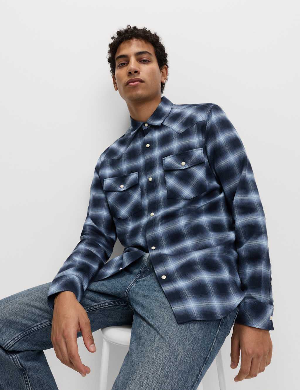 M&S Men's Regular Fit Pure Cotton Checked Flannel Shirt - 3XL - Blue Mix