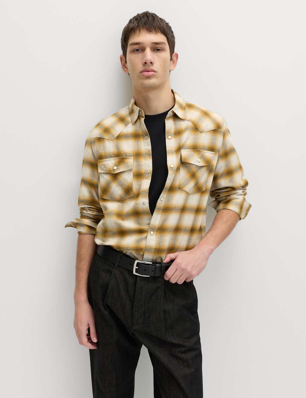 M&S Men's Regular Fit Pure Cotton Checked Flannel Shirt - 4XL - Yellow Mix