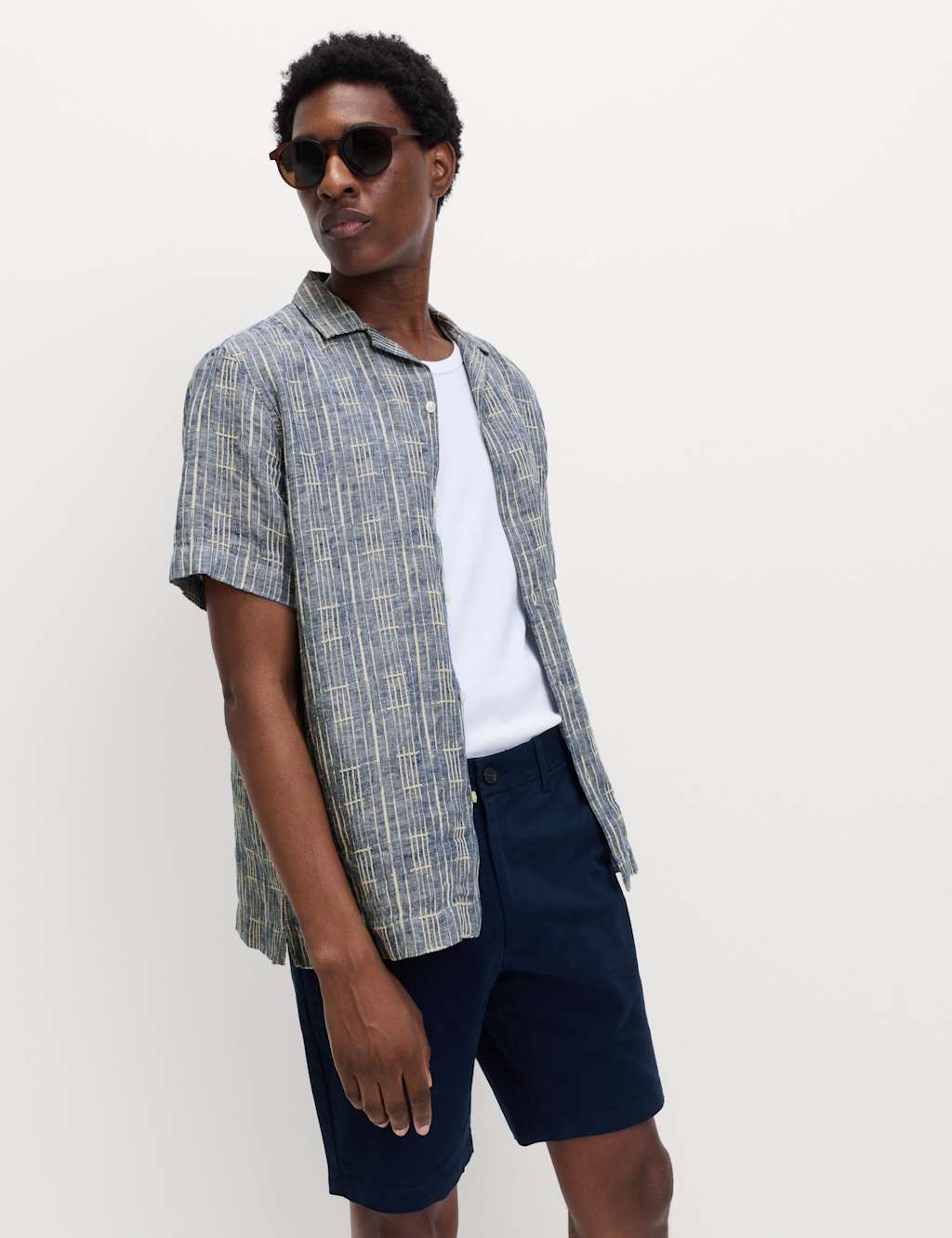 M&S Men's Regular Fit Linen Rich Printed Shirt - XL - Blue Mix
