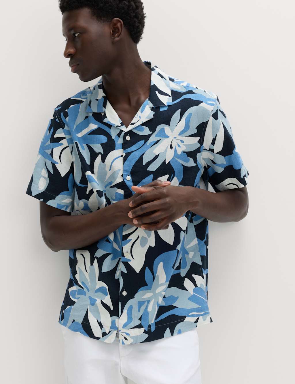 M&S Men's Linen Rich Hawaiian Shirt - M - Navy Mix