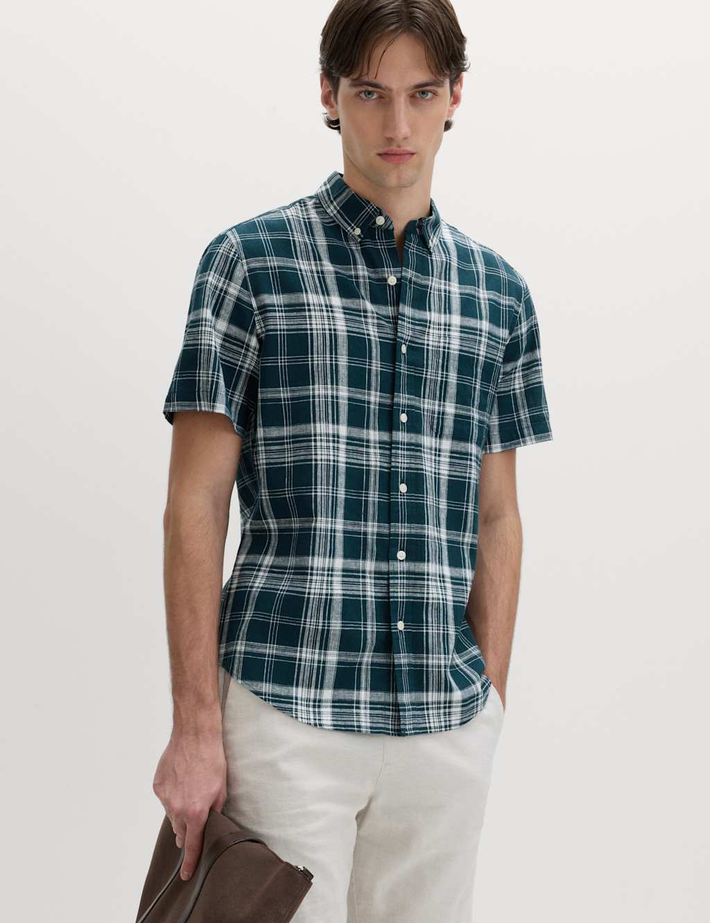 M&S Men's Cotton Linen Blend Check Short Sleeve Shirt - XL - Blue Mix