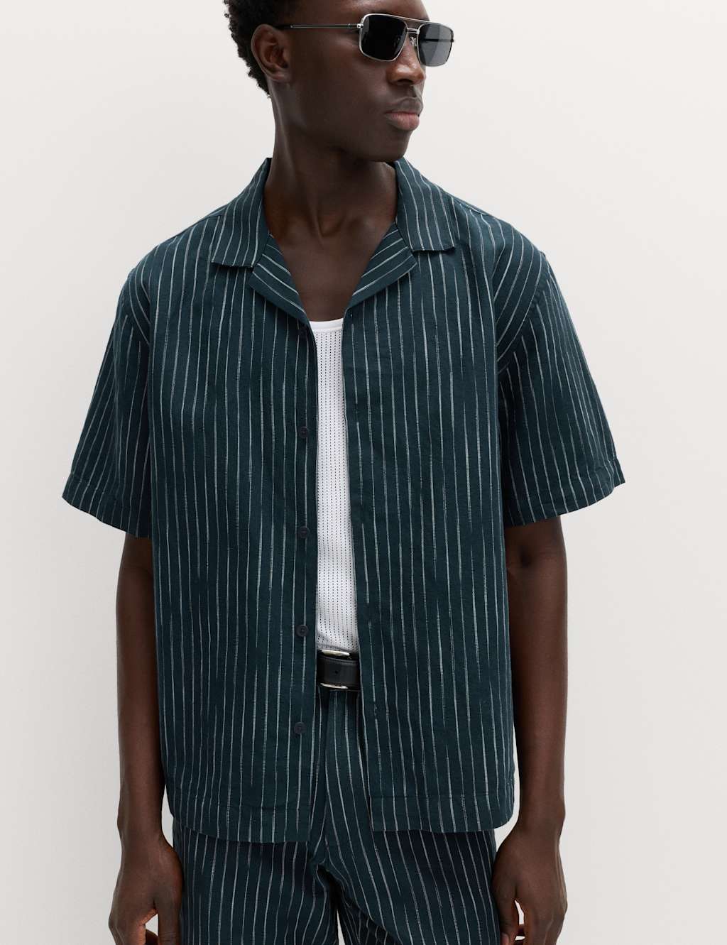 M&S Men's Cotton Linen Blend Striped Short Sleeve Shirt - M - Blue Mix