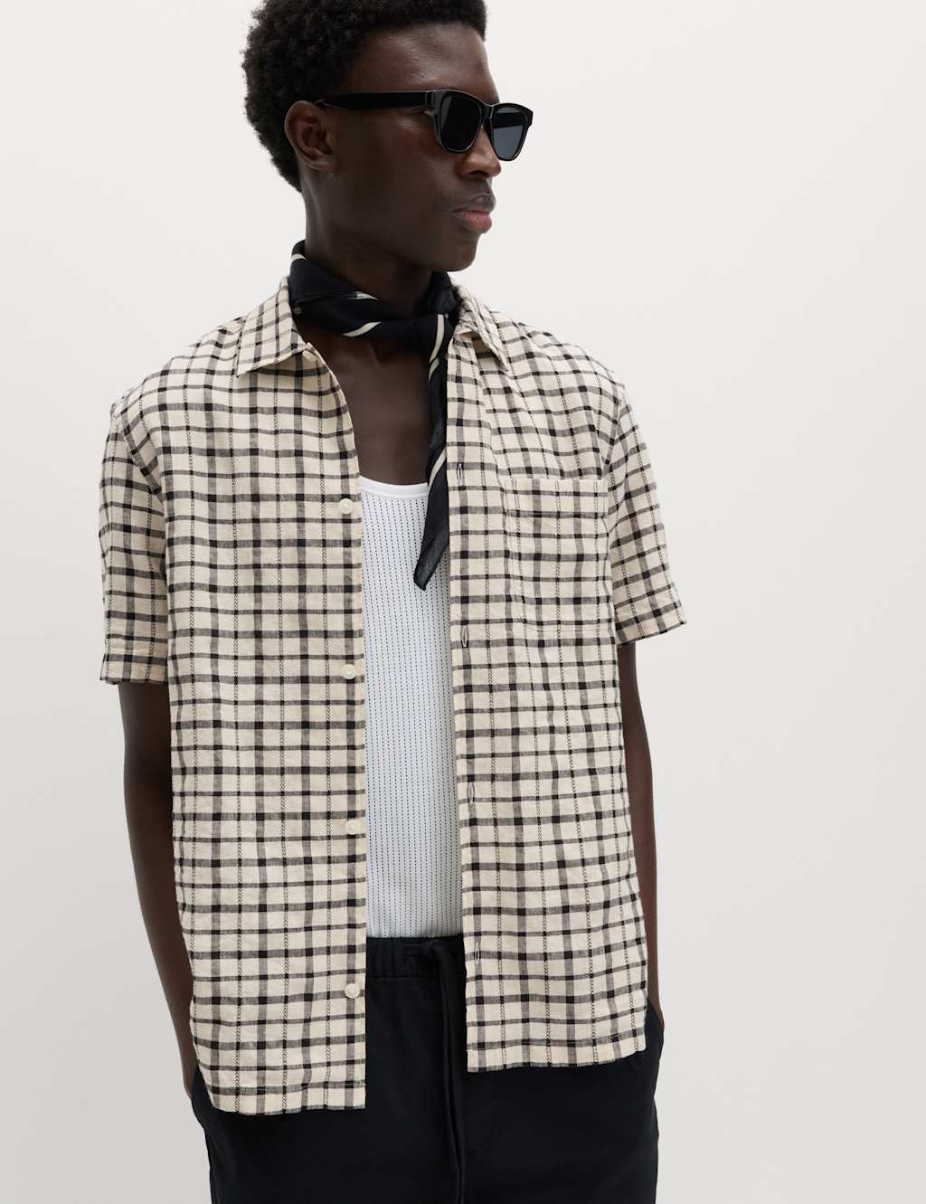 M&S Men's Linen Rich Check Short Sleeve Shirt - M - Ecru Mix