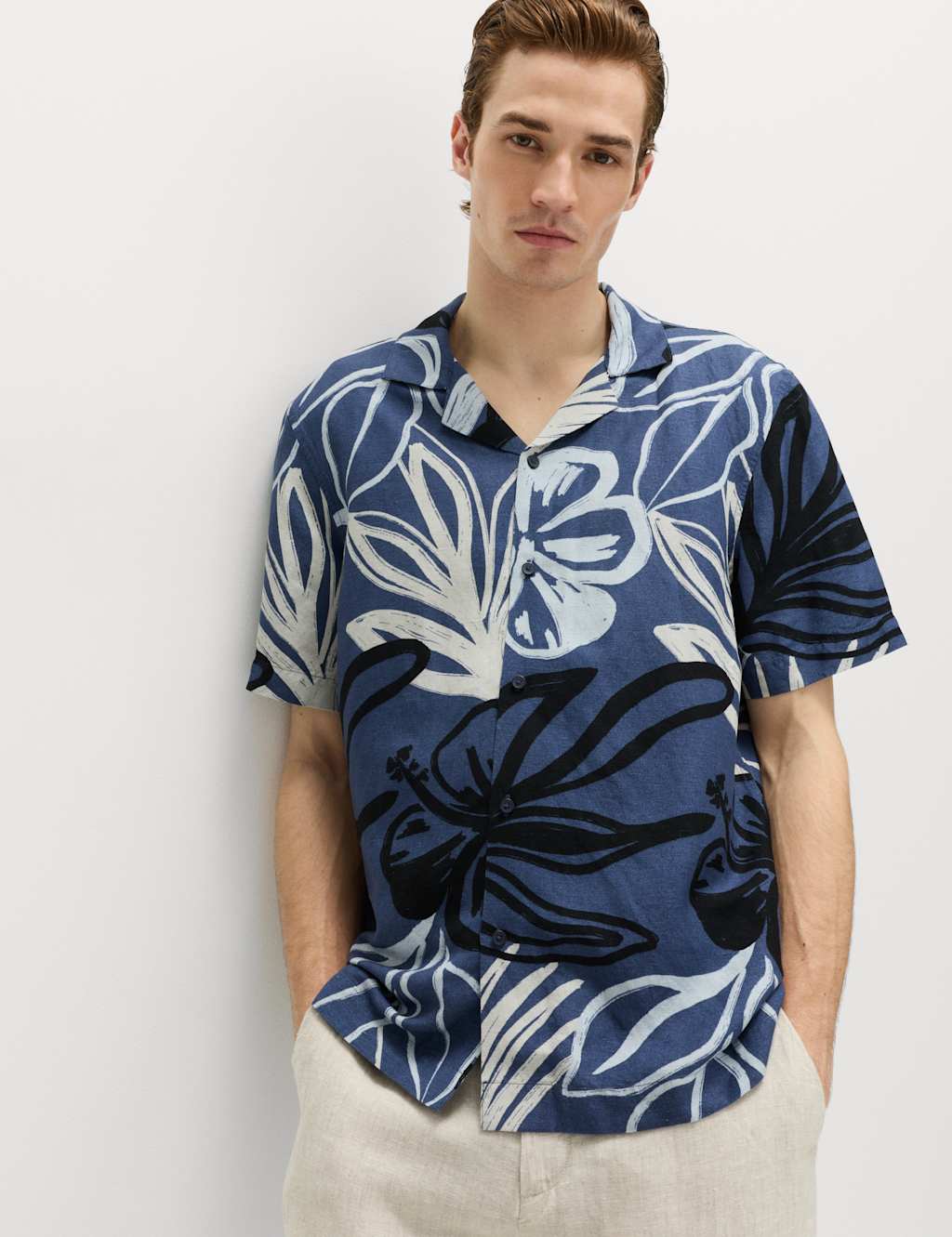 M&S Men's Linen Blend Hawaiian Short Sleeve Shirt - 3XL - Navy Mix