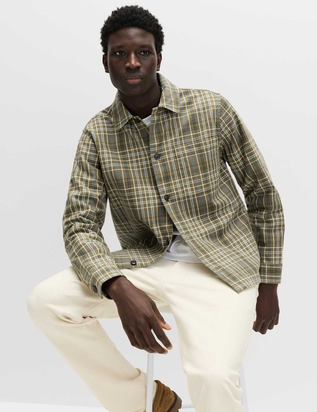 M&S Men's Pure Cotton Check Overshirt - M - Khaki Mix