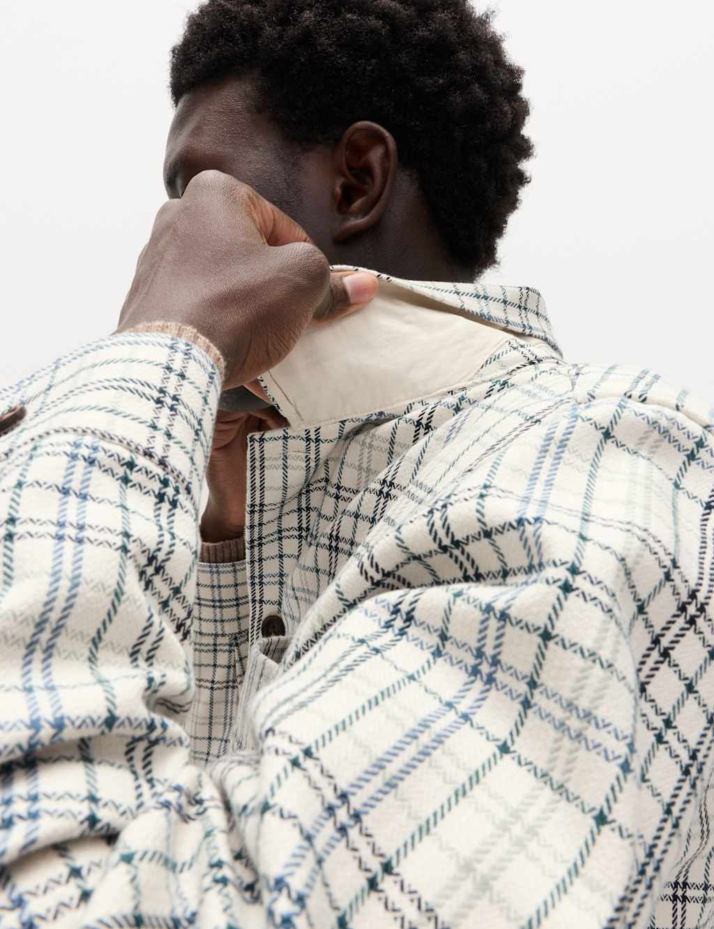 M&S Men's Pure Cotton Check Overshirt - L - Ecru