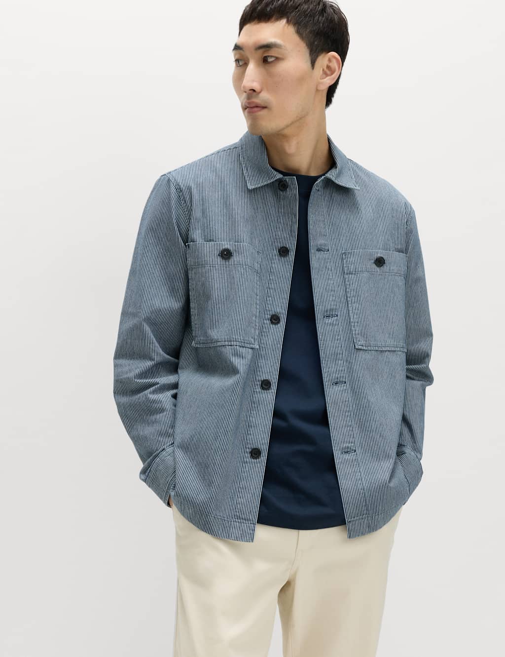 M&S Men's Pure Cotton Striped Overshirt - S - Indigo