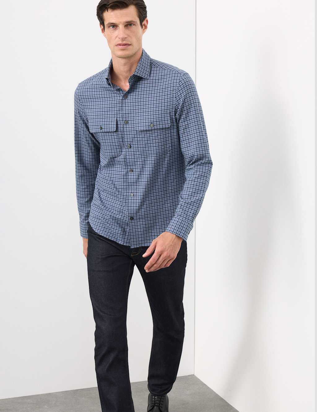 Autograph Easy Iron Cotton Rich Check Shirt Blue Mix