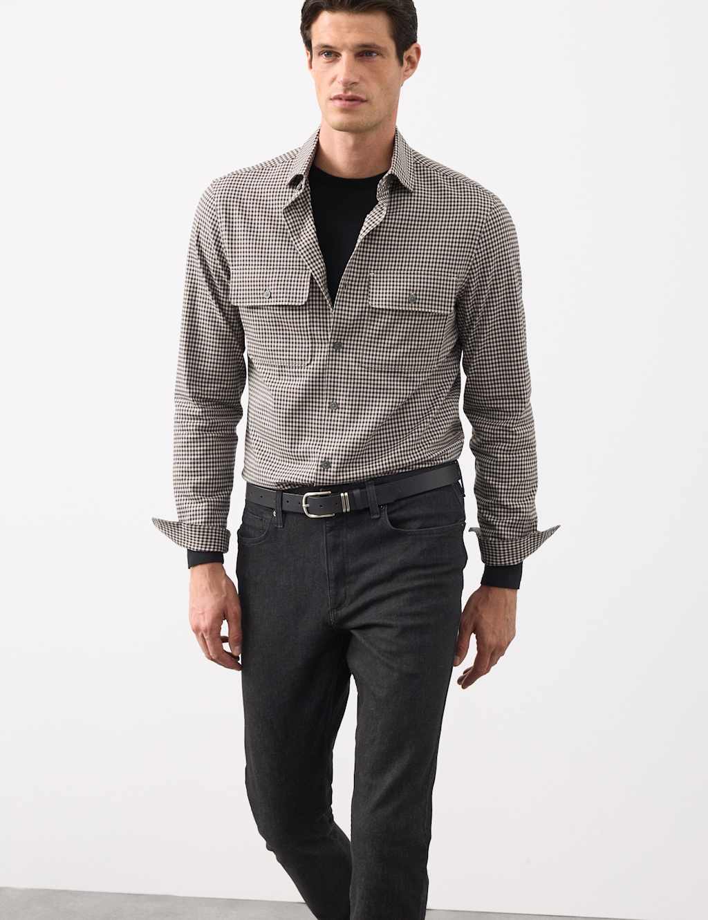 Autograph Easy Iron Cotton Rich Check Shirt Sand Mix