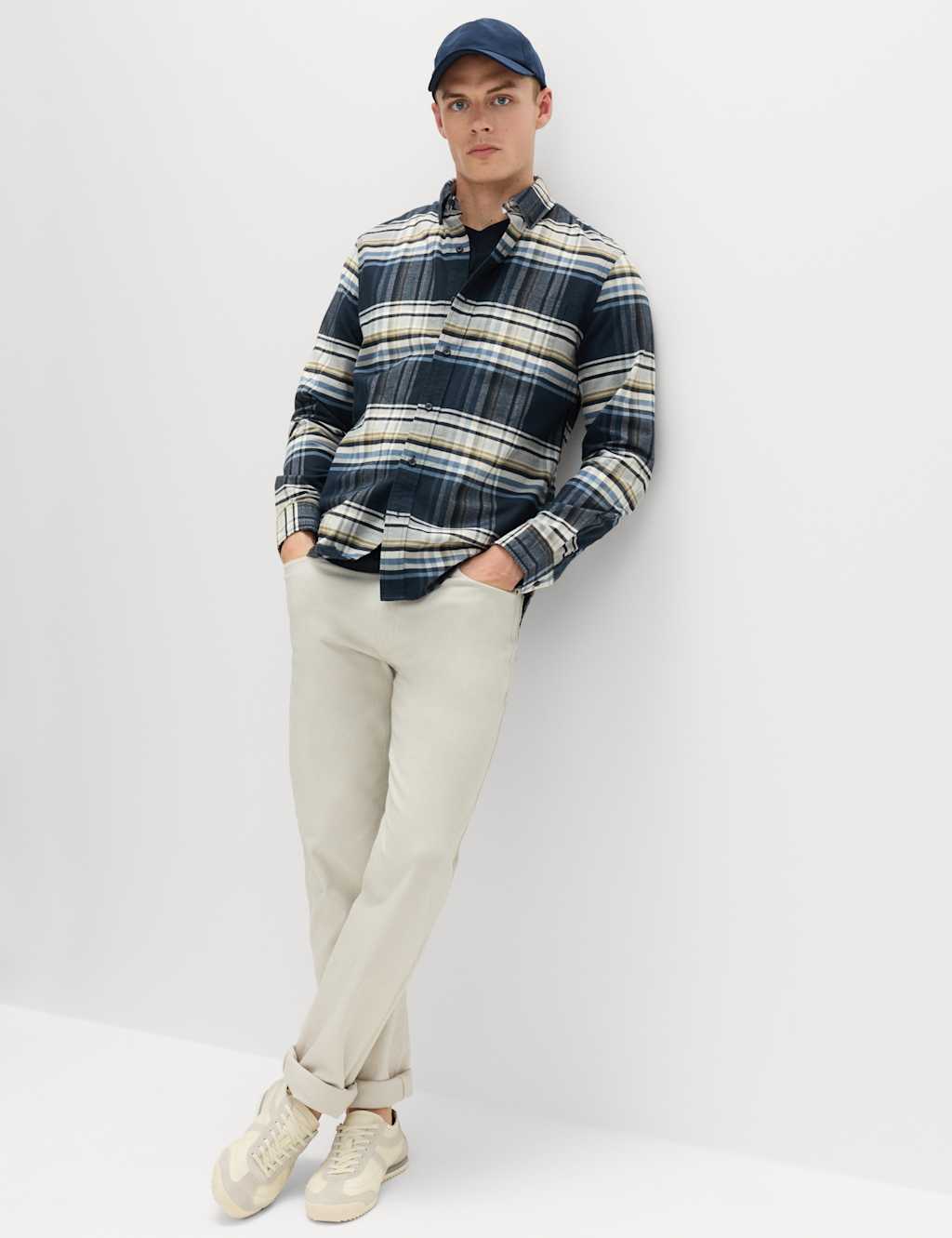 M&S Men's Cotton Rich Check Oxford Shirt - S - Navy Mix