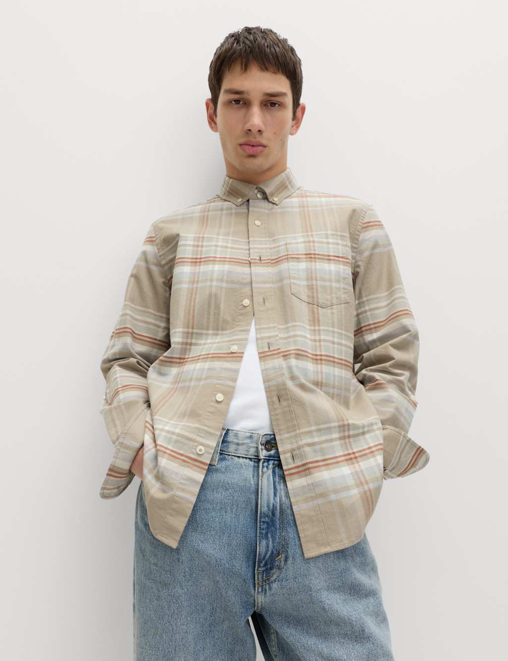 M&S Men's Cotton Rich Check Oxford Shirt - M - Ecru Mix