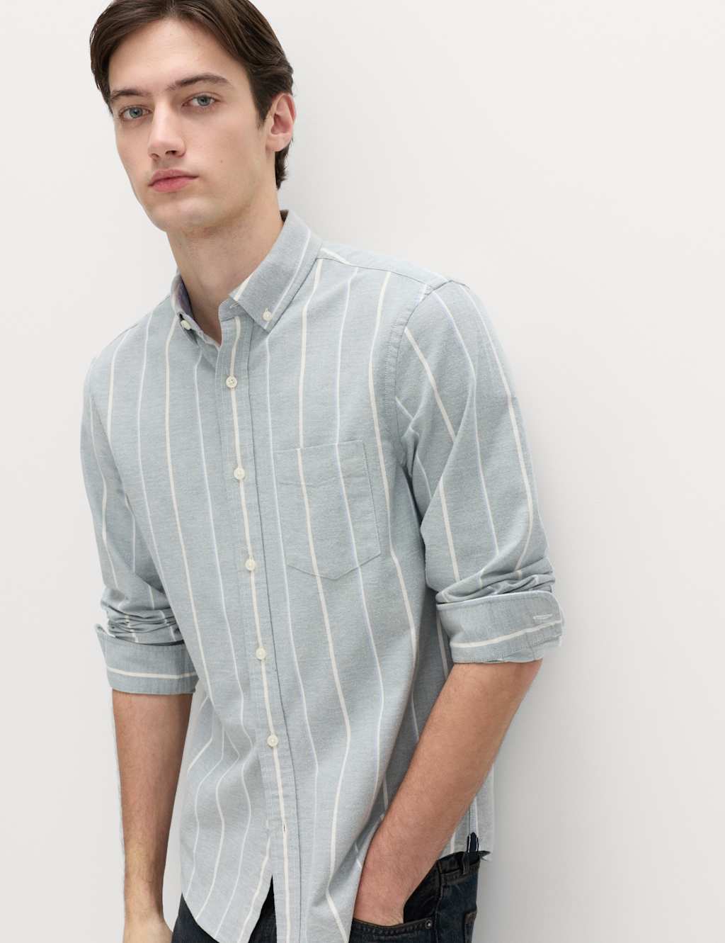 M&S Men's Cotton Rich Striped Oxford Shirt - 4XL - Green Mix