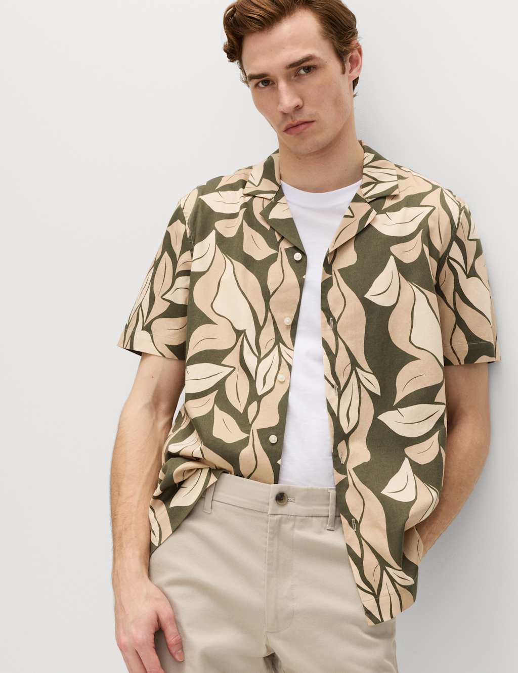M&S Men's Pure Cotton Floral Short Sleeve Shirt - M - Green