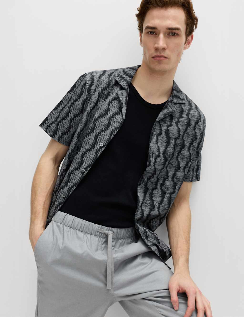 M&S Men's Pure Cotton Geometric Short Sleeve Shirt - XL - Black Mix