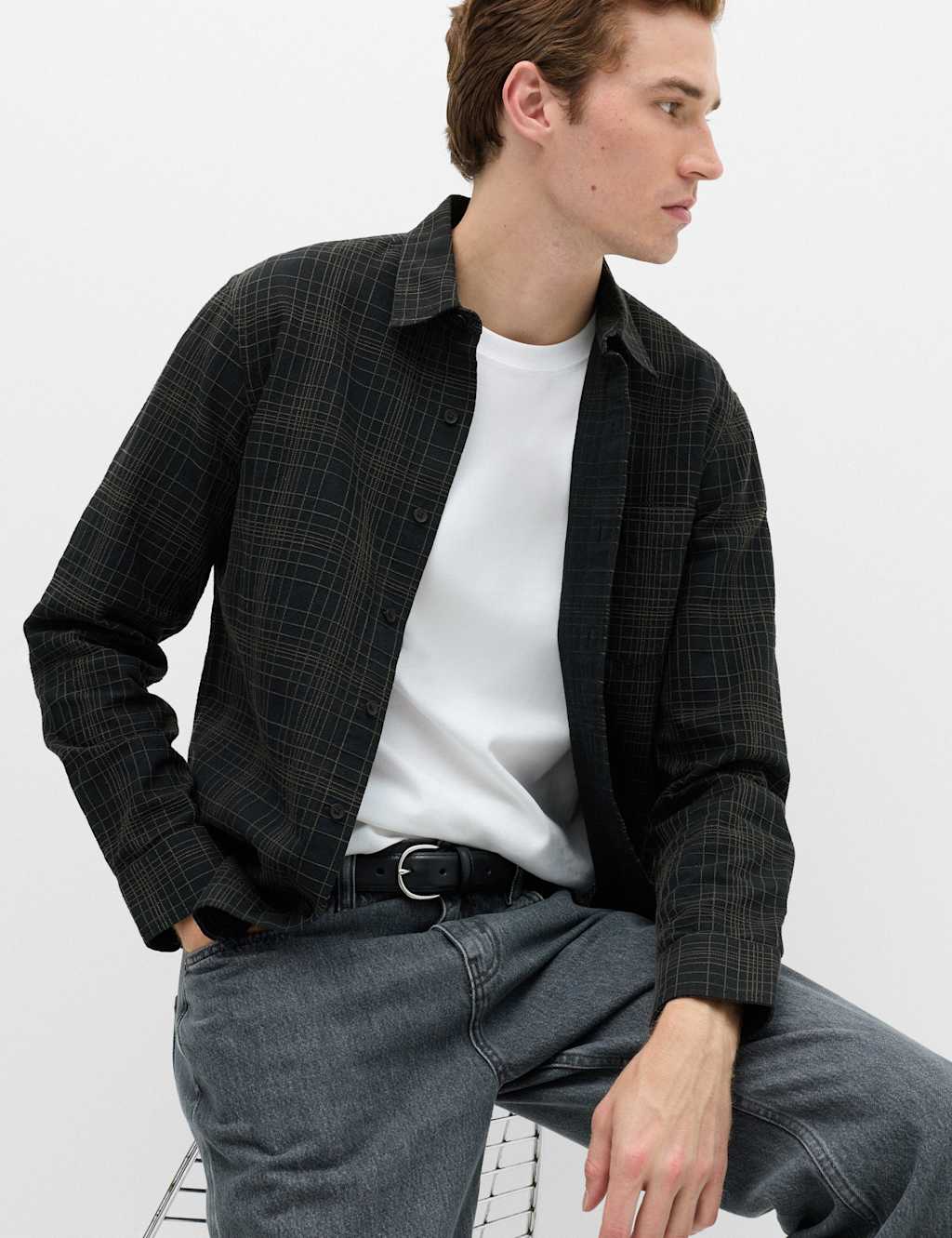M&S Men's Pure Cotton Textured Check Shirt - XL - Black Mix