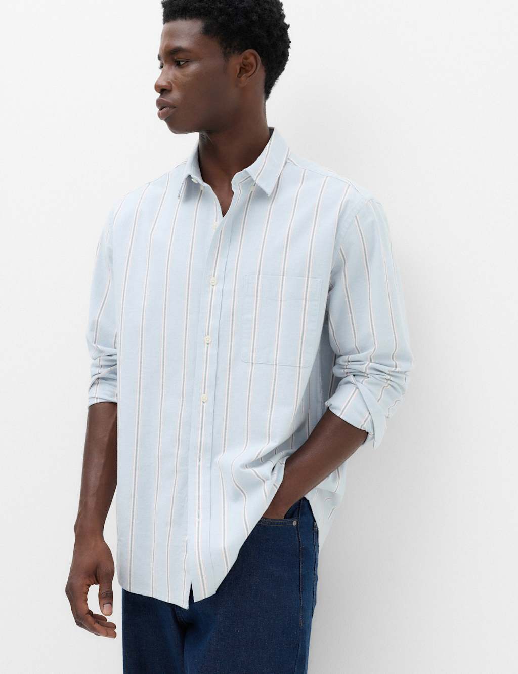 M&S Men's Relaxed Fit Cotton Rich Striped Oxford Shirt - 3XL - Blue Mix