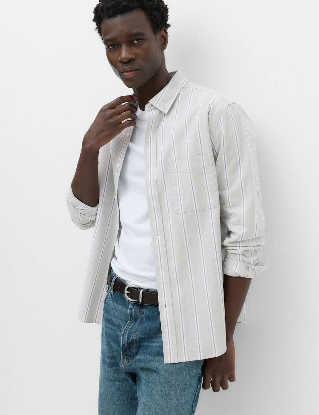 M&S Men's Relaxed Fit Cotton Rich Striped Oxford Shirt - M - Green Mix