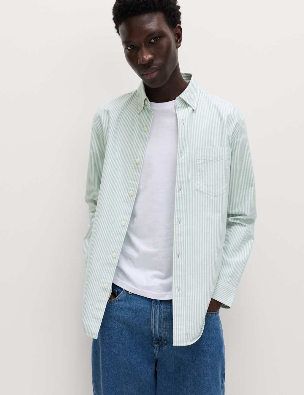 M&S Men's Regular Fit Pure Cotton Striped Shirt - 2XL - Olive Mix