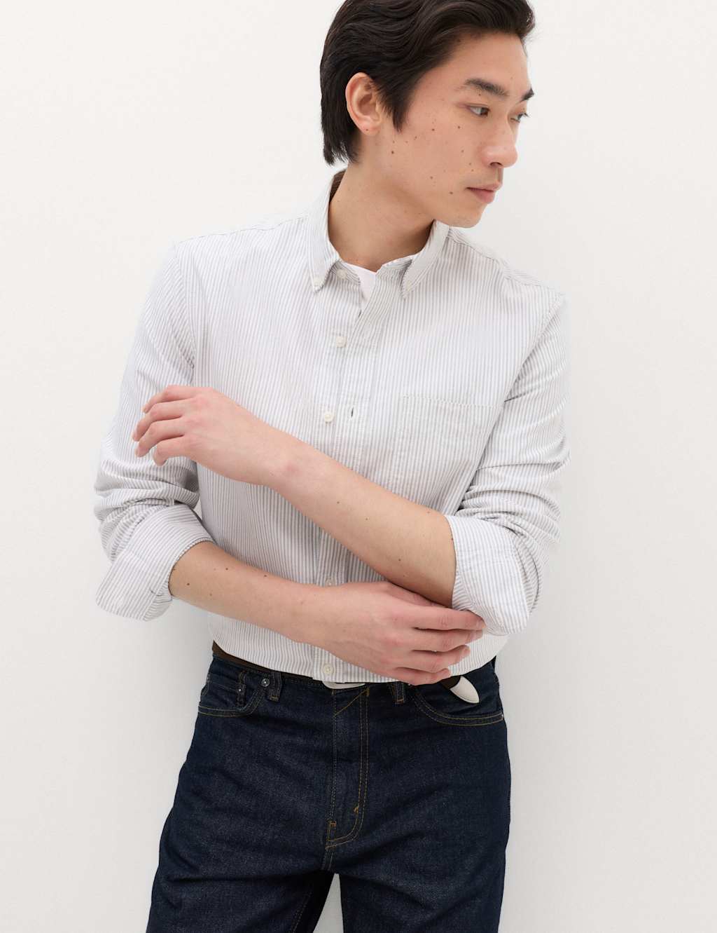 M&S Men's Regular Fit Pure Cotton Striped Shirt - S - Charcoal Mix