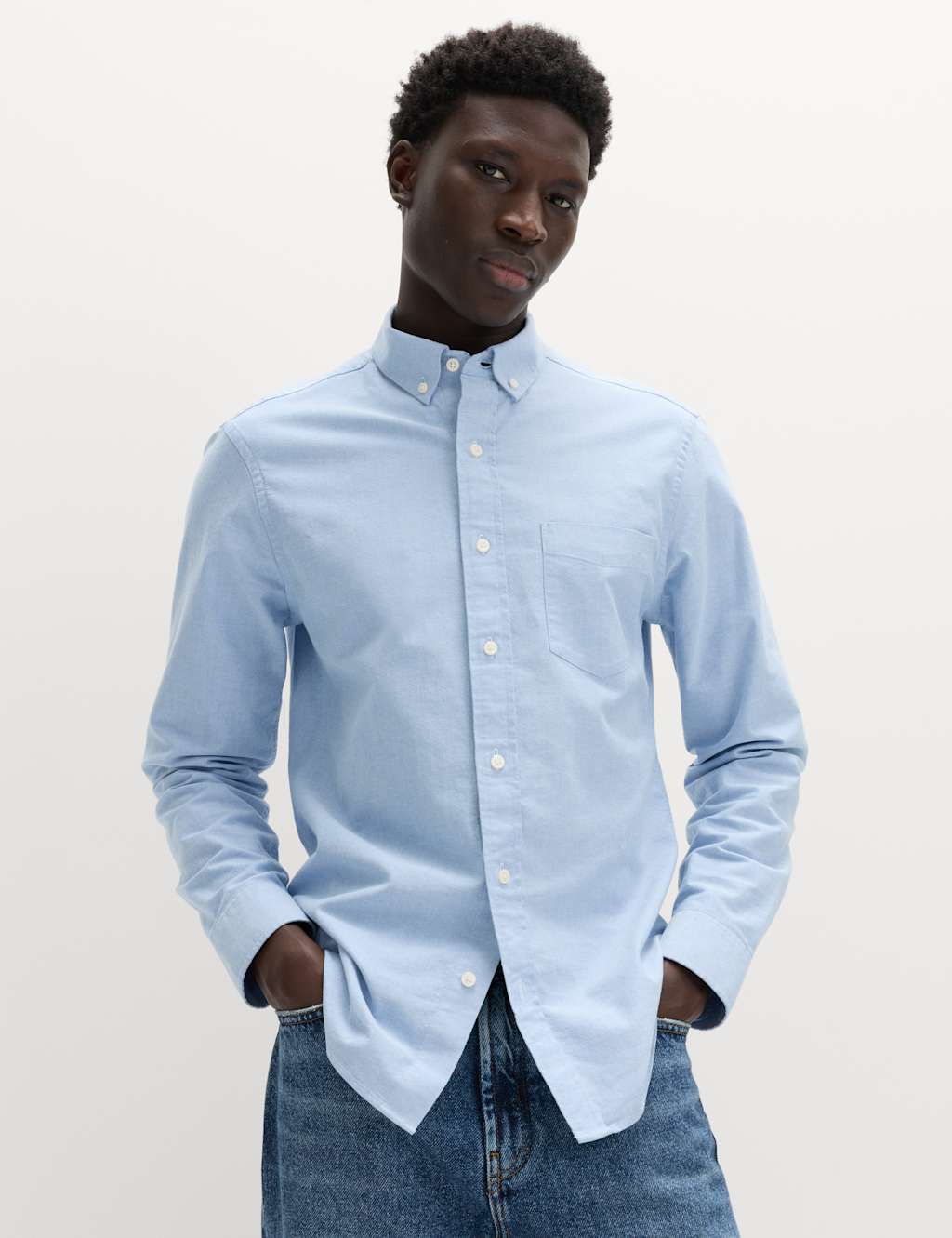 M&S Men's Slim Fit Ultimate Cotton Rich Stretch Oxford Shirt - L - Chambray