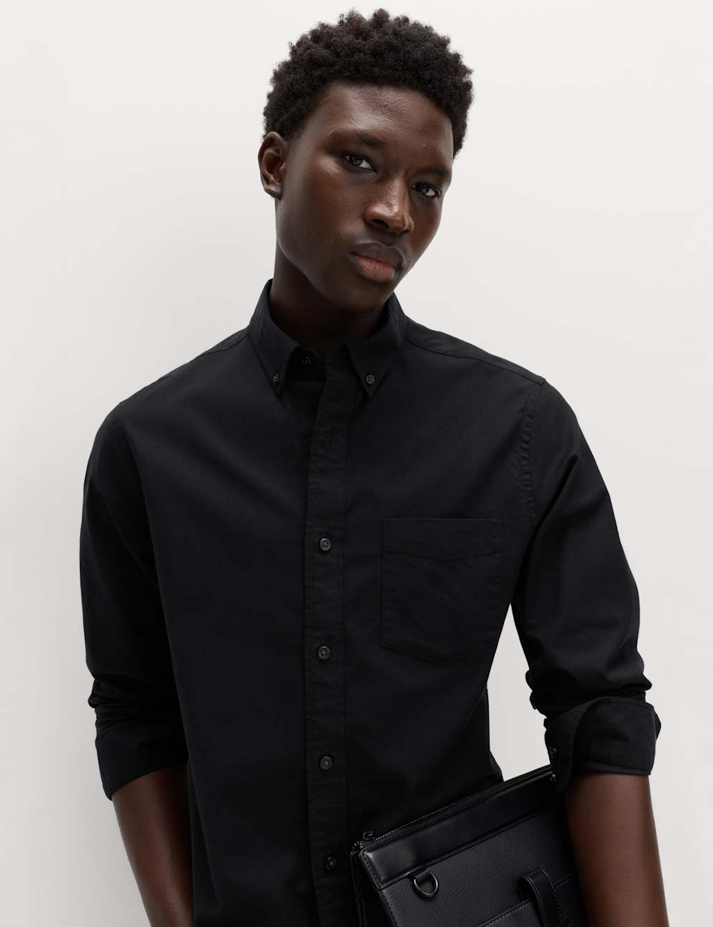 M&S Men's Slim Fit Ultimate Cotton Rich Stretch Oxford Shirt - 2XL - Black