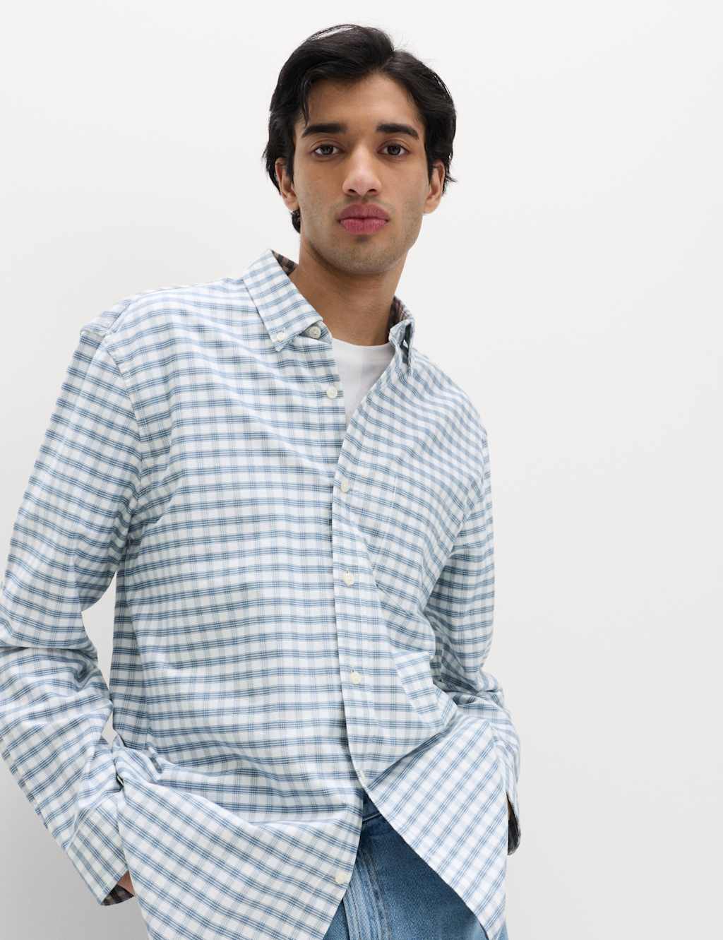 M&S Men's The Ultimate Regular Fit Pure Cotton Oxford Shirt - L - Blue Mix