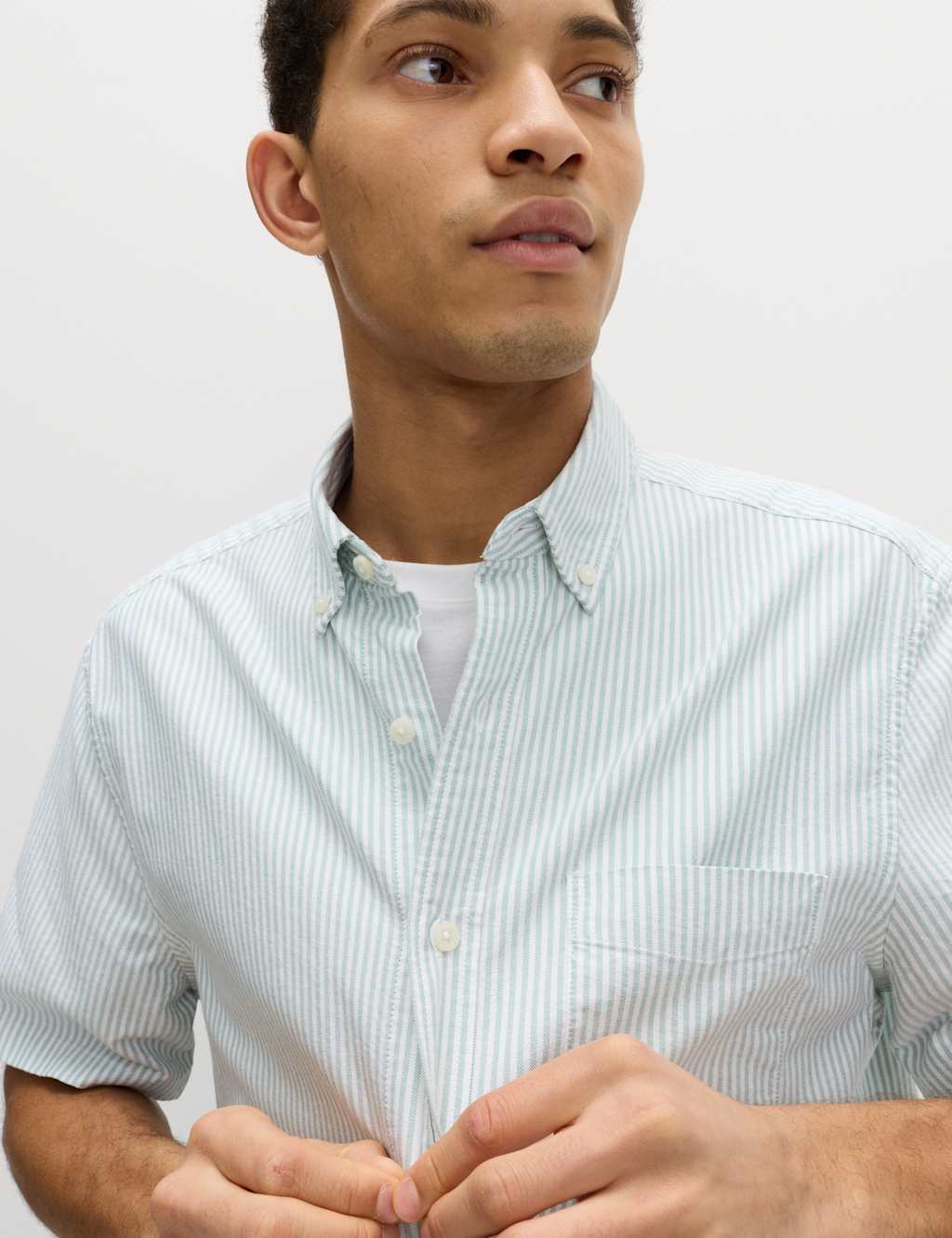 M&S Men's Ultimate Pure Cotton Striped Oxford Shirt - S - Olive Mix