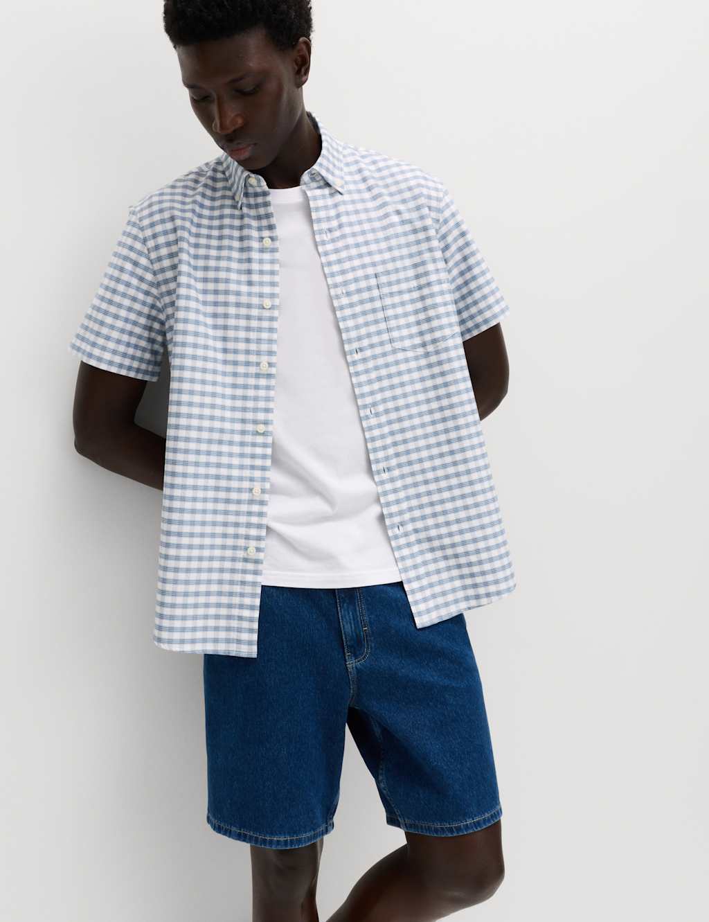 M&S Men's Ultimate Pure Cotton Check Oxford Shirt - M - Blue Mix