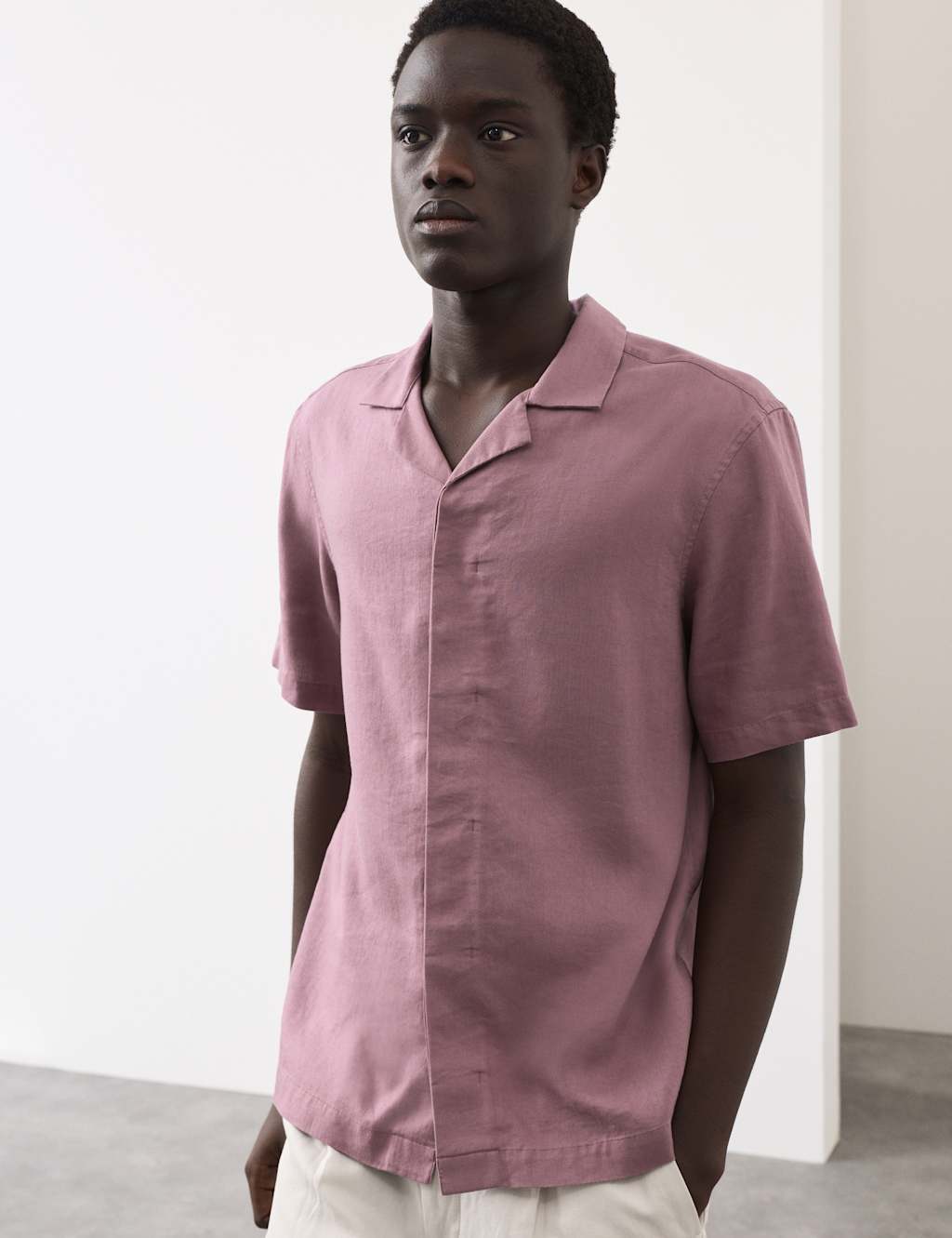 Autograph Men's Linen Blend Short Sleeve Shirt - S - Dusted Pink