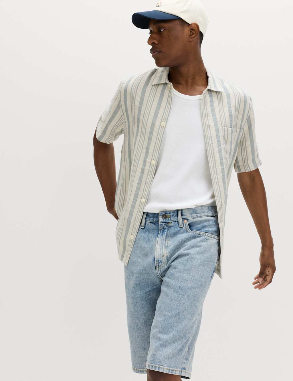M&S Men's Linen Rich Striped Short Sleeve Shirt - 4XL - Blue Mix